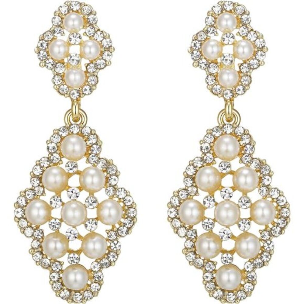Austrian Crystal & Ivory Pearl Drop Earrings | Elegant 2.4” Statement Earrings